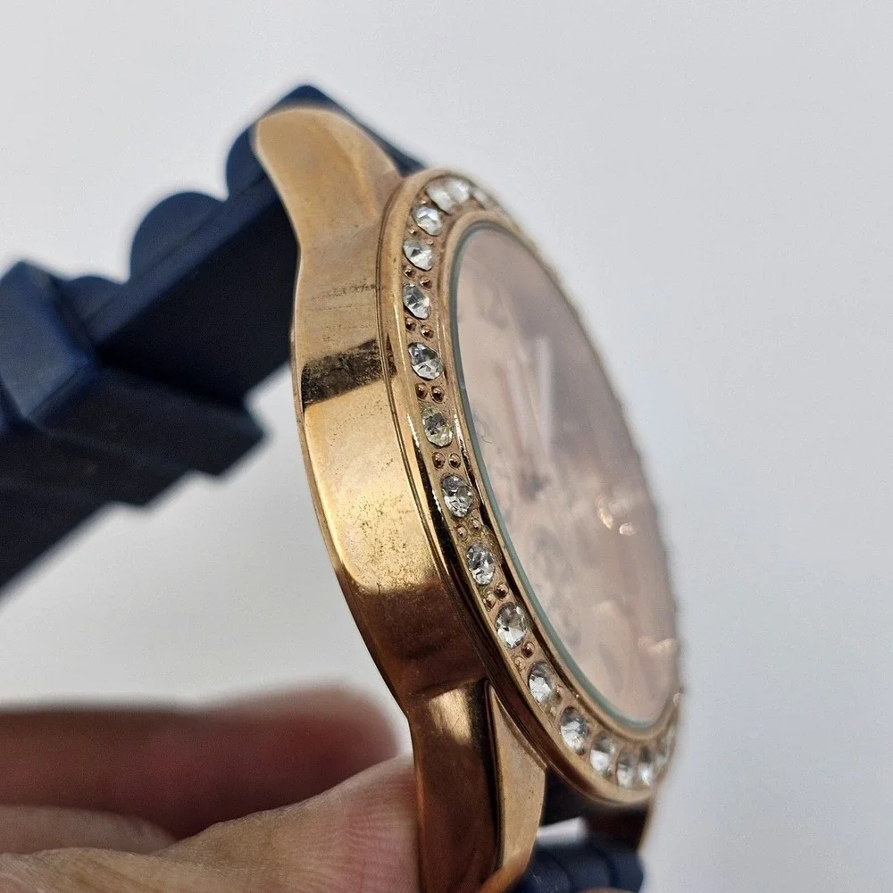 Women's Watch 38MM‎ Rose Gold Dial Crystal Bezel Blue Plastic Bands New Battery